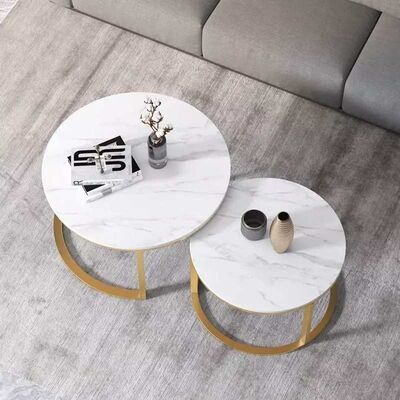 Double Round Luxury Center Tables Gold Stainless Steel Leg Marble Top
