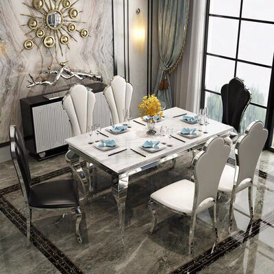 White Marble Dining Table And Chairs Set Stainless Steel Rectangle
