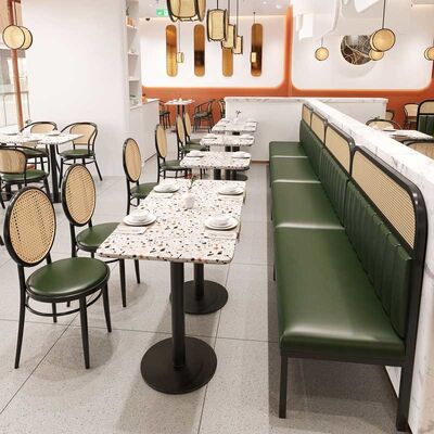 Durable Rattan Restaurant Dining Table Set Marble Top PU Leather