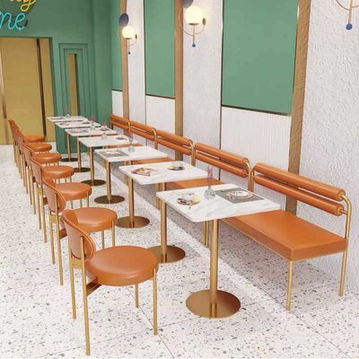 Gold Frame Restaurant Dining Room Furniture Leather Marble Table And Chairs