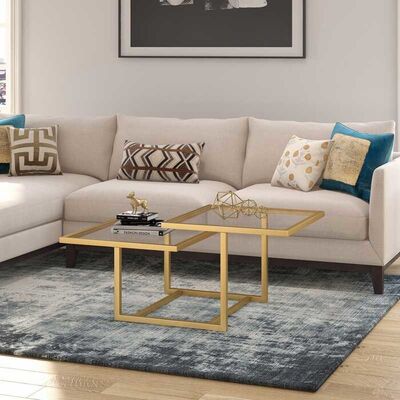 Geometric Tempered Glass Coffee Tables Gold Stainless Steel Frame For Home Hotel