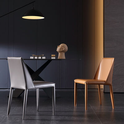 Good price Black Minimalist Dining Chair Saddle Brown Leather Dining Chairs 50cm Seat Height online