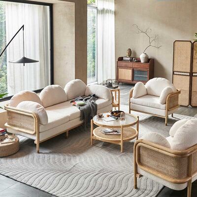 Good price Wood Rattan Living Room Simple Sofa Country Style Sponge Upholstery Teddy Fabric online
